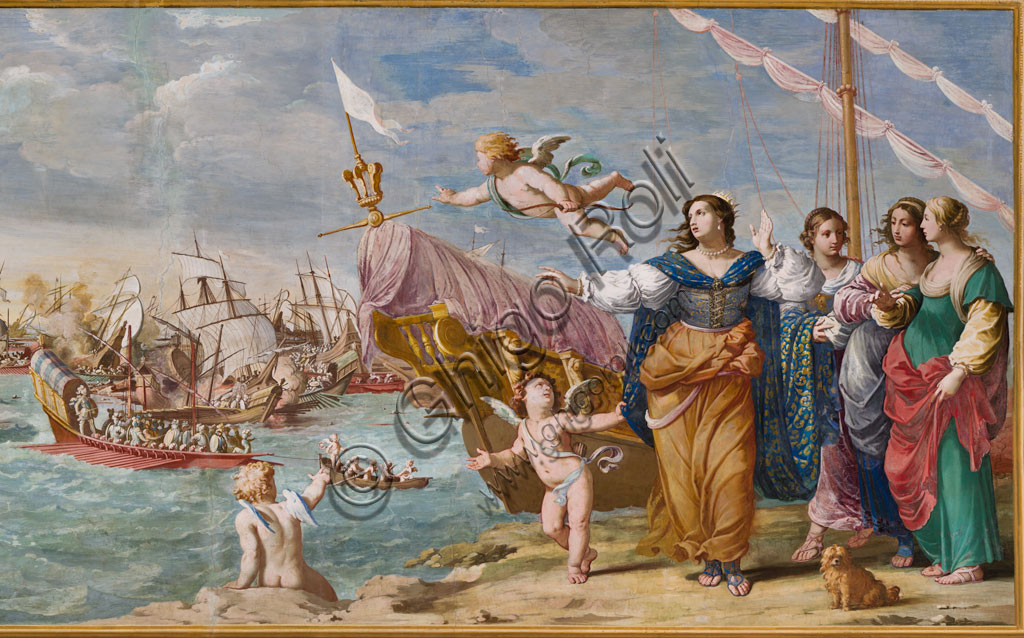 Sassuolo, Palazzo Ducale Estense, Camera Dell'Amore:  “Incontro di Marc’Antonio e Cleopatra”. Marc'Antonio abbandona la Battaglia di Azio e la sua flotta  per raggiungere Cleopatra; affresco di Jean Boulanger e Girolamo Cialdieri (1641 - 44). Particolare.