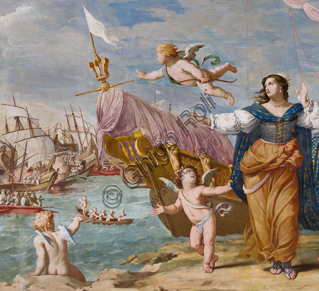 Sassuolo, Palazzo Ducale Estense, Camera Dell'Amore:  “Incontro di Marc’Antonio e Cleopatra”. Marc'Antonio abbandona la Battaglia di Azio e la sua flotta  per raggiungere Cleopatra; affresco di Jean Boulanger e Girolamo Cialdieri (1641 - 44). Particolare.