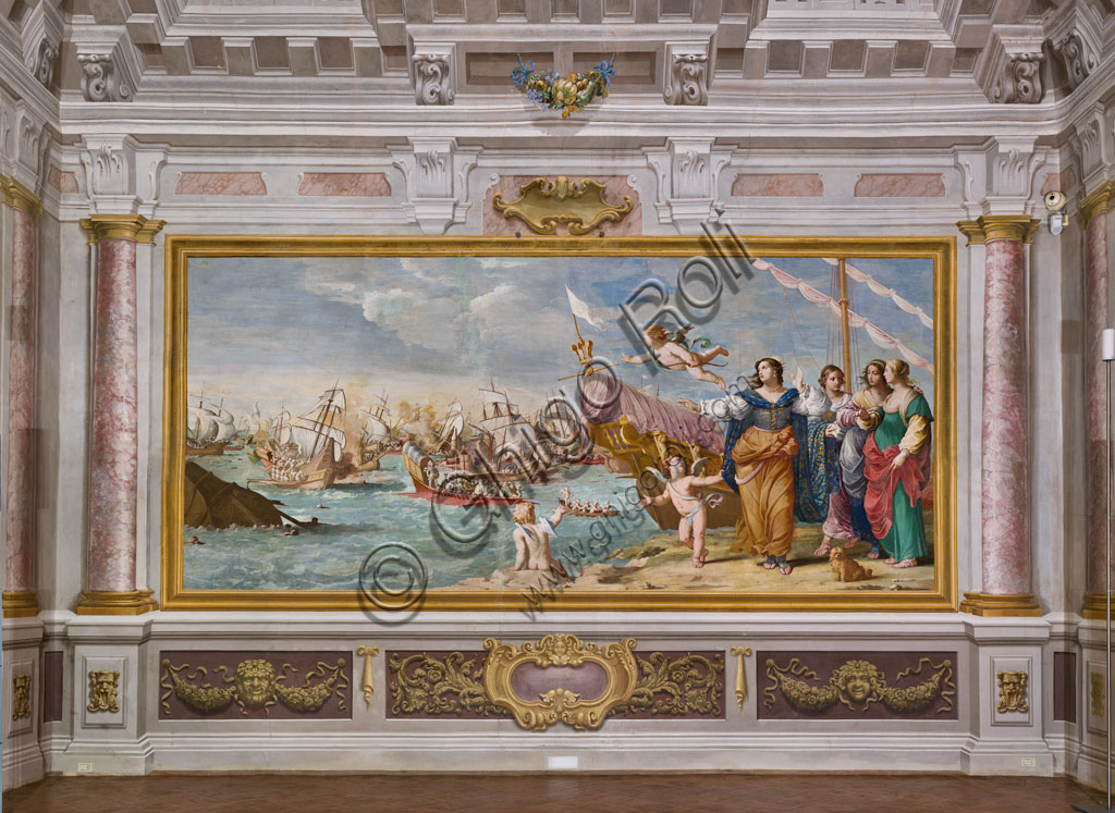 Sassuolo, Este Ducal Palace; Room of Love: “Meeting of Mark Antony and Cleopatra" (Mark Antony abandons the Battle of Actium and his fleet to join Cleopatra); fresco by Jean Boulanger and Girolamo Cialdieri (1641 - 44).