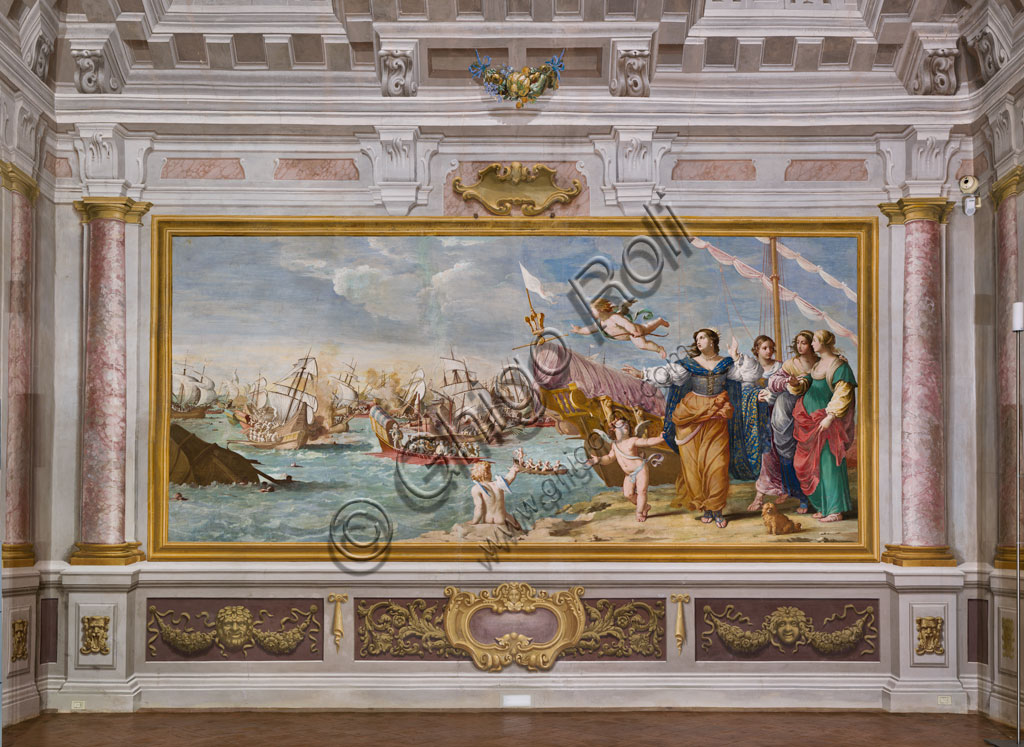 Sassuolo, Palazzo Ducale Estense, Camera Dell'Amore: “Incontro di Marc’Antonio e Cleopatra”. Marc'Antonio abbandona la Battaglia di Azio e la sua flotta  per raggiungere Cleopatra; affresco di Jean Boulanger e Girolamo Cialdieri (1641 - 44).