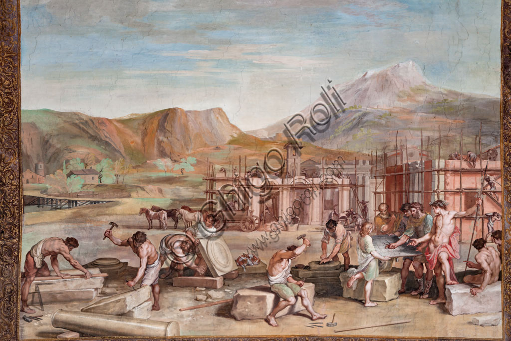 Sassuolo, Este Ducal Palace, the Bacchus Gallery: “Bacchus with the architects planning the construction of Nisa”, one of the forty-one panels with scenes painted by Jean Boulanger which narrate the events of Bacchus. Wall tempera painting, 1650 - 52.