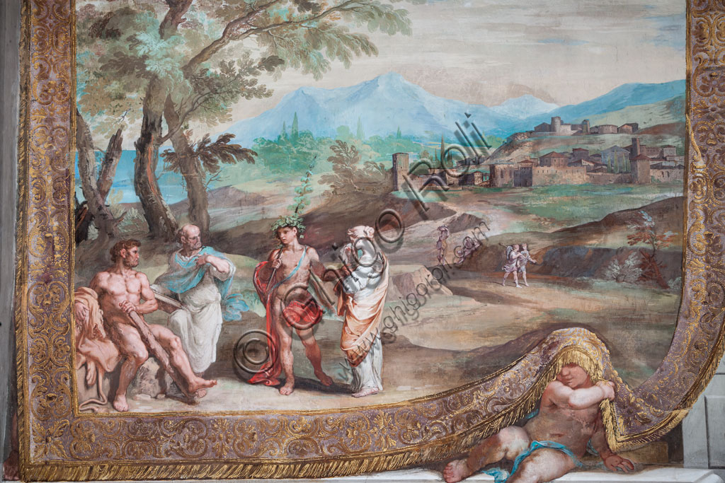 Sassuolo, Este Ducal Palace, the Bacchus Gallery: “Weeping Bacchus and Ariadne”. It is one of the forty-one panels with scenes painted by Jean Boulanger which narrate the events of Bacchus. Wall tempera painting, 1650 - 52.