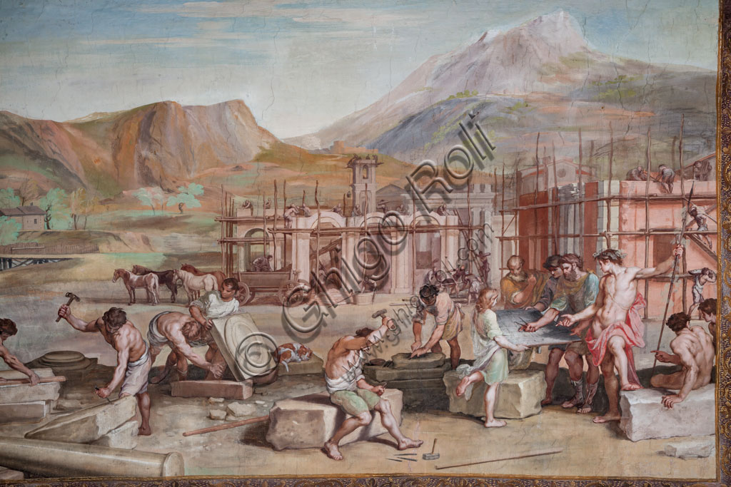 Sassuolo, Palazzo Ducale Estense, Galleria di Bacco: “Bacco con gli architetti che progettano la costruzione di Nisa”, uno dei quarantuno riquadri con scene dipinte da Jean Boulanger che narrano le vicende di Bacco. Dipinto murale a tempera, 1650 - 52.