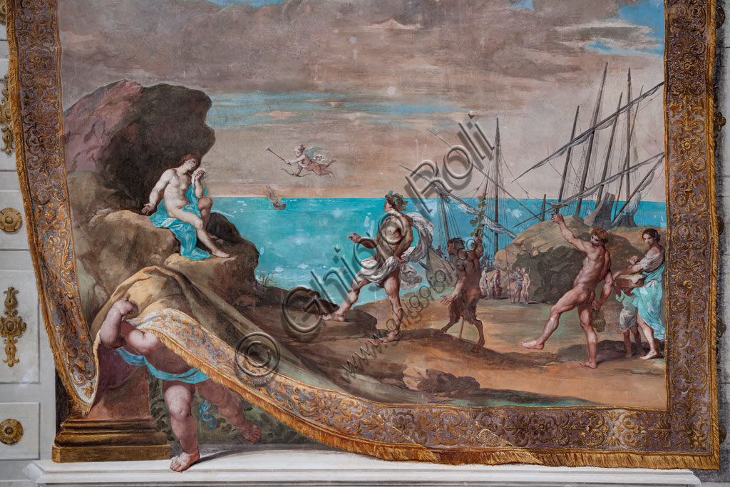 Sassuolo, Este Ducal Palace, the Bacchus Gallery: “Bacchus reaches Ariadne abandoned by Theseus on the island of Naxos”. The faux tapestry raised by a putto which remains almost totally hidden by it, depicts a seascape dominated by a rock on which Ariadne sits. On the right, Bacchus tries to console her for Theseus' flight; behind him some satyrs and ships. It is one of the forty-one panels with scenes painted by Jean Boulanger which narrate the events of Bacchus. Wall tempera painting, 1650 - 52.