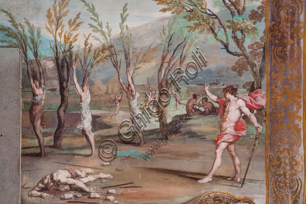 Sassuolo, Palazzo Ducale Estense, Galleria di Bacco: “Bacco trasforma in alberi le Baccanti, ree di aver fatto a pezzi il cadavere di Orfeo”, uno dei quarantuno riquadri con scene dipinte da Jean Boulanger che narrano le vicende di Bacco. Dipinto murale a tempera, 1650 - 52.