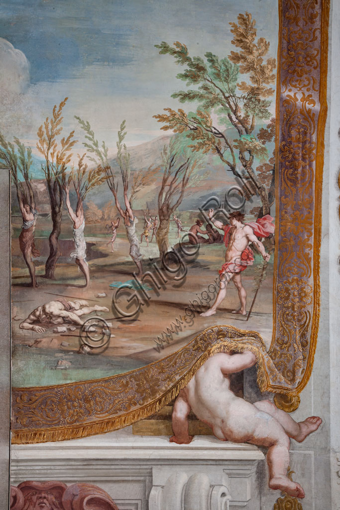 Sassuolo, Palazzo Ducale Estense, Galleria di Bacco: “Bacco trasforma in alberi le Baccanti, ree di aver fatto a pezzi il cadavere di Orfeo”, uno dei quarantuno riquadri con scene dipinte da Jean Boulanger che narrano le vicende di Bacco. Dipinto murale a tempera, 1650 - 52.