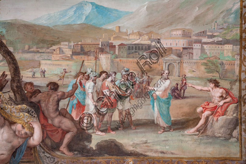 Sassuolo, Este Ducal Palace, the Bacchus Gallery: “Bacchus, Lycurgus and Hermes Trismegistus”, one of the forty-one panels with scenes painted by Jean Boulanger which narrate the events of Bacchus. Wall tempera painting, 1650 - 52.