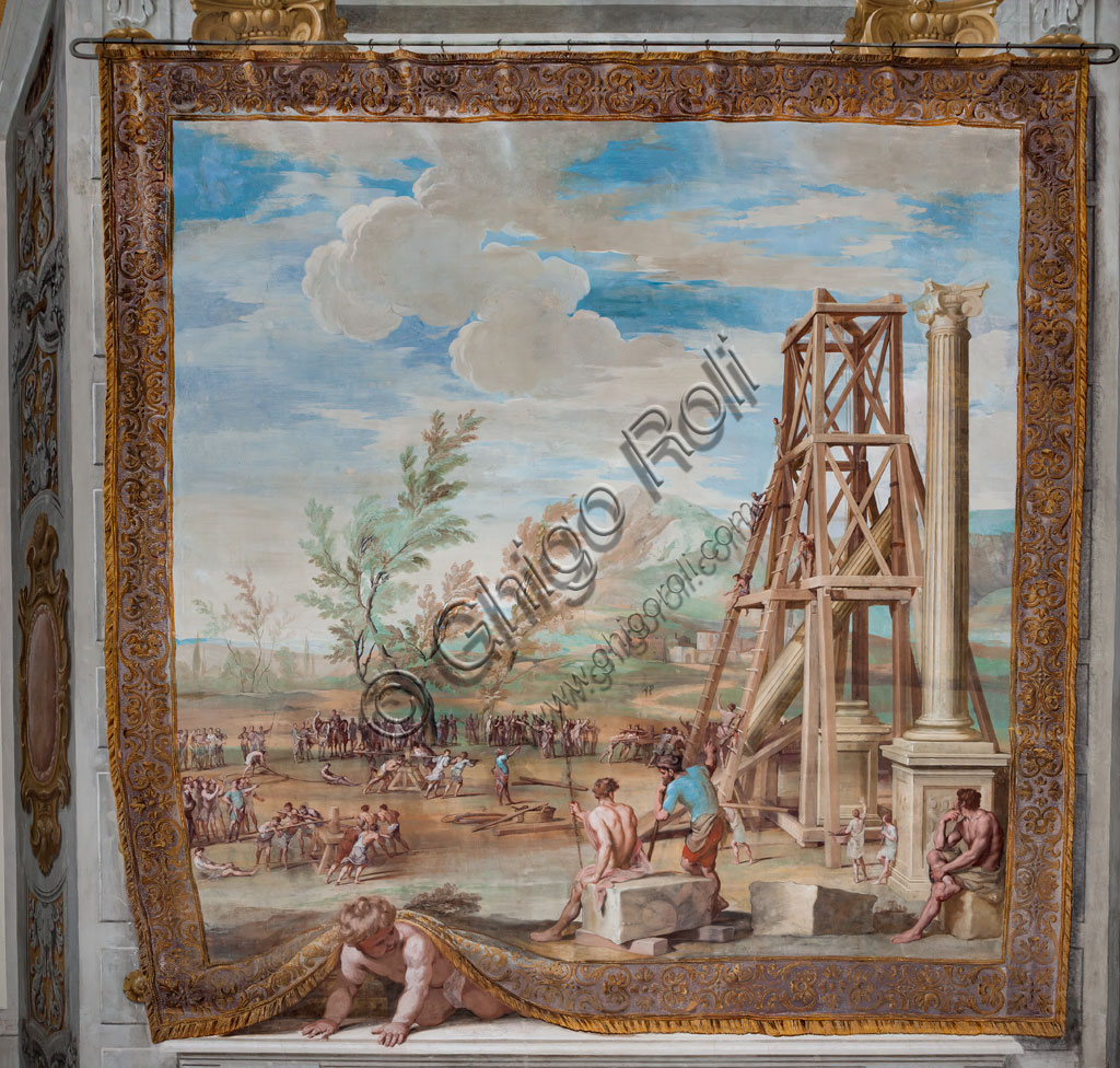 Sassuolo, Este Ducal Palace, the Bacchus Gallery: “Raising the Columns on the River Ganges”.The faux tapestry from which a putto peeks out depicts a vast river landscape dominated in the foreground by the scaffolding of the two Corinthian columns. Bacchus, seated on a boulder, observes the numerous workers with ropes and winches. It is one of the forty-one panels with scenes painted by Jean Boulanger which narrate the events of Bacchus. Wall tempera painting, 1650 - 52.