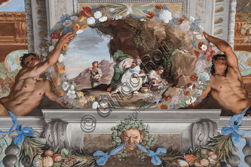 Sassuolo, Este Ducal Palace, the Bacchus Gallery, ceiling: “Little Bacchus with three nurses leaning over him”,” Wall tempera painting by Jean Boulanger, 1650 - 52.