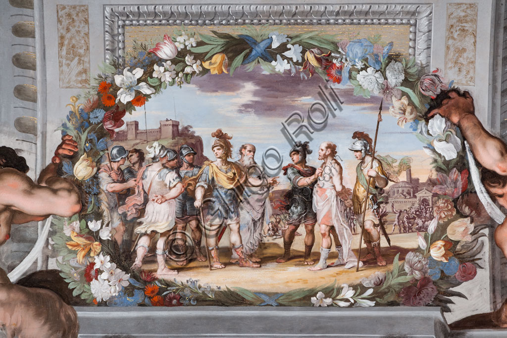 Sassuolo, Este Ducal Palace, the Bacchus Gallery, ceiling: “Acete, held prisoner by two soldiers, narrates the deeds of Bacchus to Pentheus and his retinue of warriors”.Wall tempera painting by Jean Boulanger, 1650 - 52.