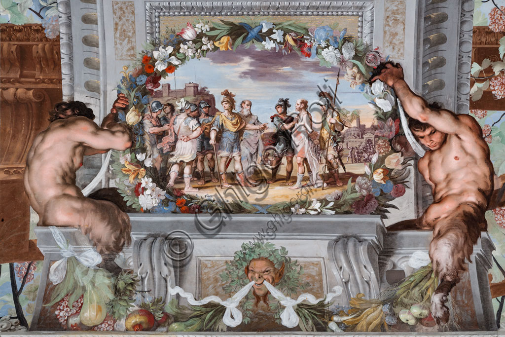 Sassuolo, Este Ducal Palace, the Bacchus Gallery, ceiling: “Acete, held prisoner by two soldiers, narrates the deeds of Bacchus to Pentheus and his retinue of warriors”.Wall tempera painting by Jean Boulanger, 1650 - 52.