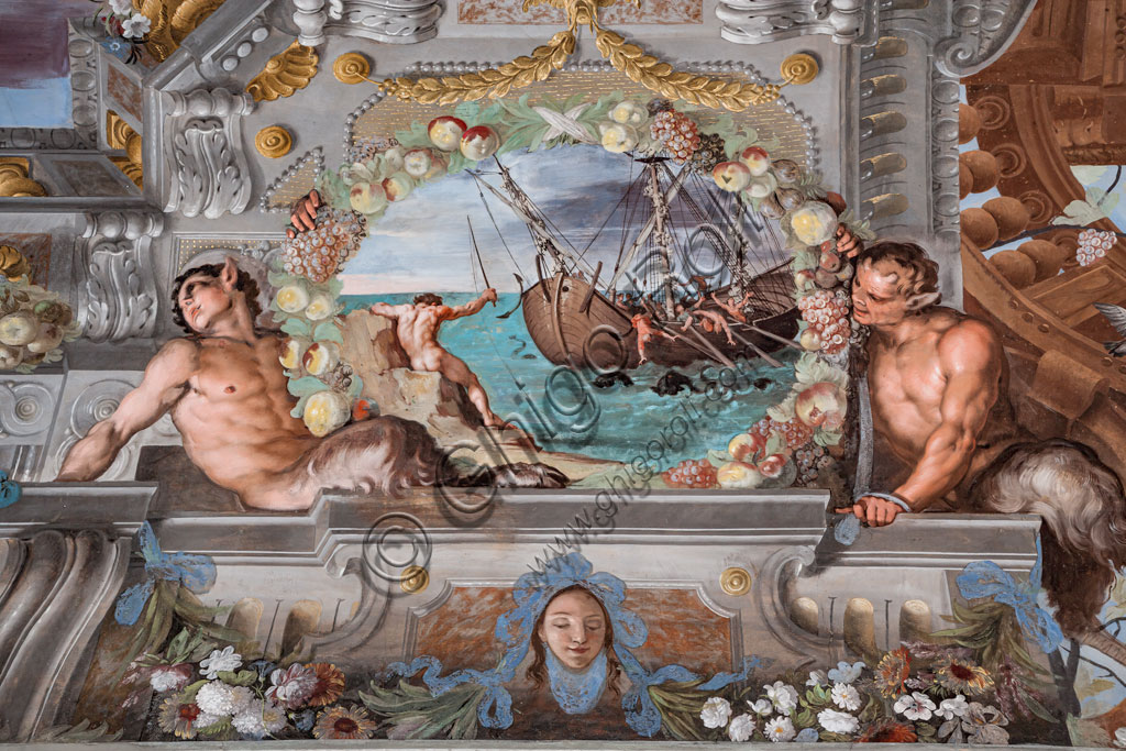 Sassuolo, Este Ducal Palace, the Bacchus Gallery, ceiling: “Bacchus transforms the pirates into dolphins“. Wall tempera painting by Jean Boulanger, 1650 - 52.