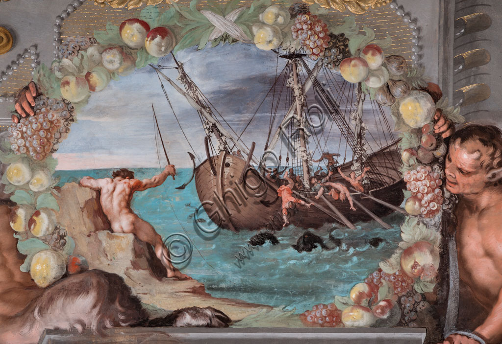 Sassuolo, Este Ducal Palace, the Bacchus Gallery, ceiling: “Bacchus transforms the pirates into dolphins“. Wall tempera painting by Jean Boulanger, 1650 - 52.