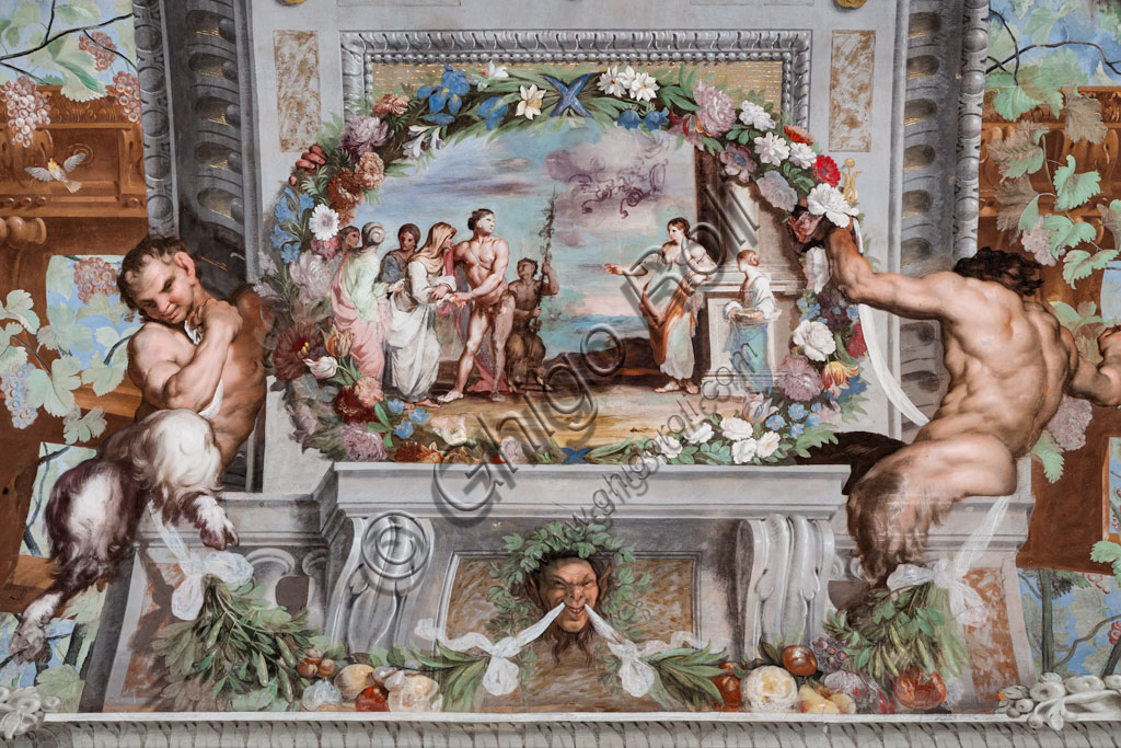 Sassuolo, Palazzo Ducale Estense, Galleria di Bacco, soffitto: “Bacco, con le vecchie nutrici ed un satiro, chiede a Medea appoggiata ad una colonna di ringiovanire le donne”.Dipinto murale a tempera di Jean Boulanger, 1650 - 52.