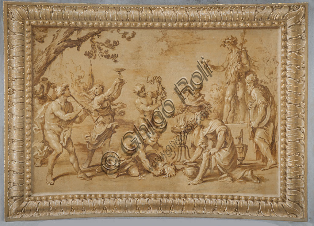 Sassuolo, Palazzo Ducale Estense, Galleria di Bacco, soffitto: “Finto rilievo dorato, con Bacco e scena sacrificale”. Dipinto murale a tempera di Jean Boulanger, 1650 - 52.