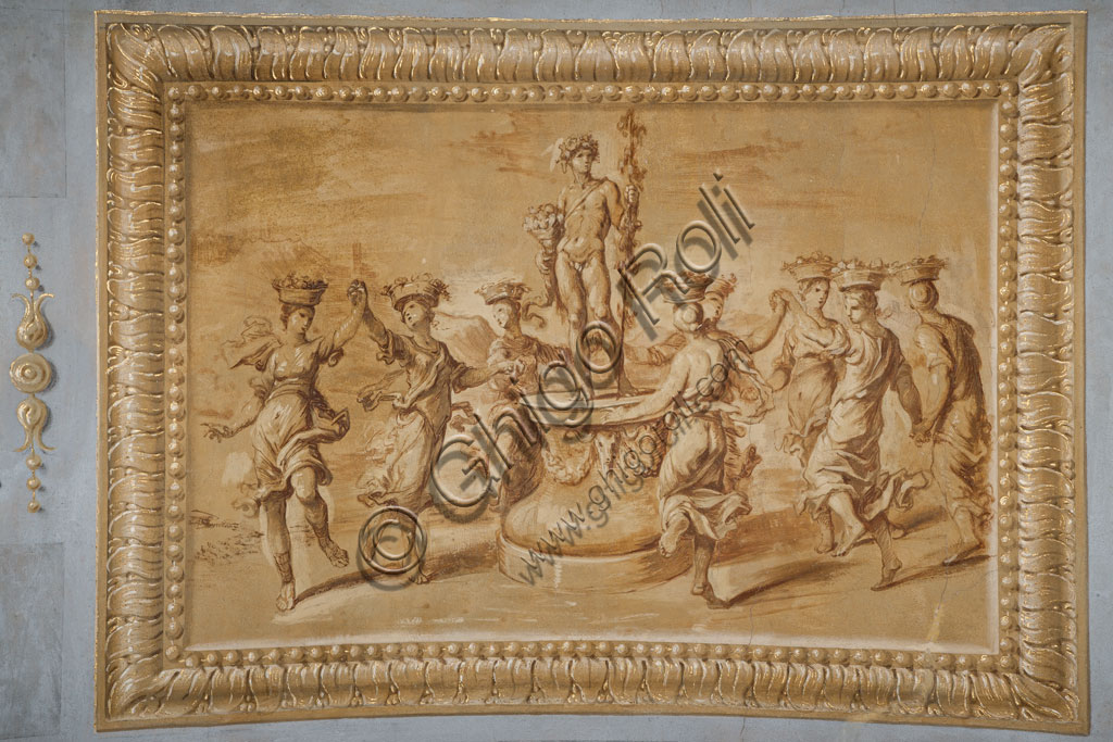 Sassuolo, Este Ducal Palace, the Bacchus Gallery, ceiling: "Faux gilded relief, with Bacchus placed on a circular pedestal decorated with festoons and bucrania, and surrounded by dancing canephors“. Wall tempera painting by Jean Boulanger, 1650 - 52.