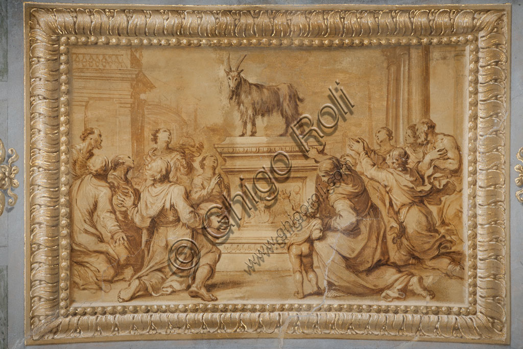 Sassuolo, Este Ducal Palace, the Bacchus Gallery, ceiling: "Faux gilded relief, with the goat placed on the historiated altar and surrounded by characters in adoration.". Wall tempera painting by Jean Boulanger, 1650 - 52.
