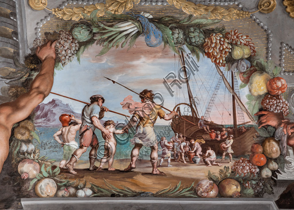Sassuolo, Este Ducal Palace, the Bacchus Gallery, ceiling: “Pirates find Bacchus“. Wall tempera painting by Jean Boulanger, 1650 - 52.