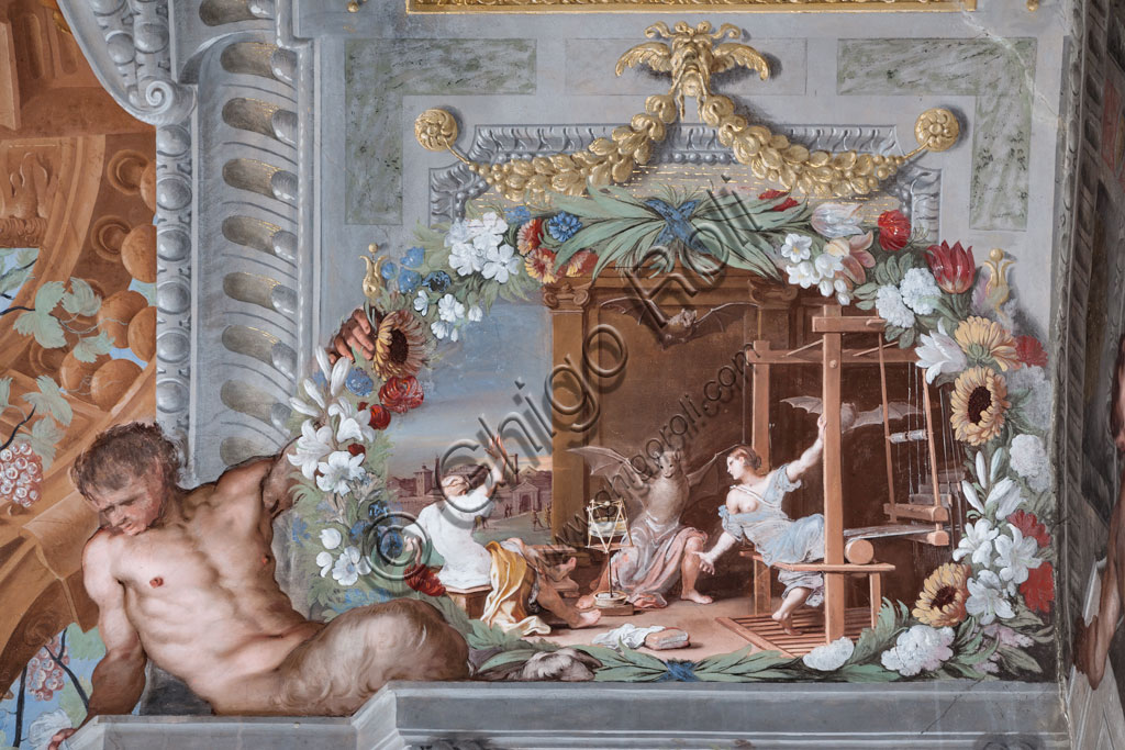 Sassuolo, Palazzo Ducale Estense, Galleria di Bacco, soffitto:  “Le figlie di Meneo intente al telaio si stanno trasformando in pipistrelli”. Dipinto murale a tempera  di Jean Boulanger, 1650 - 52.