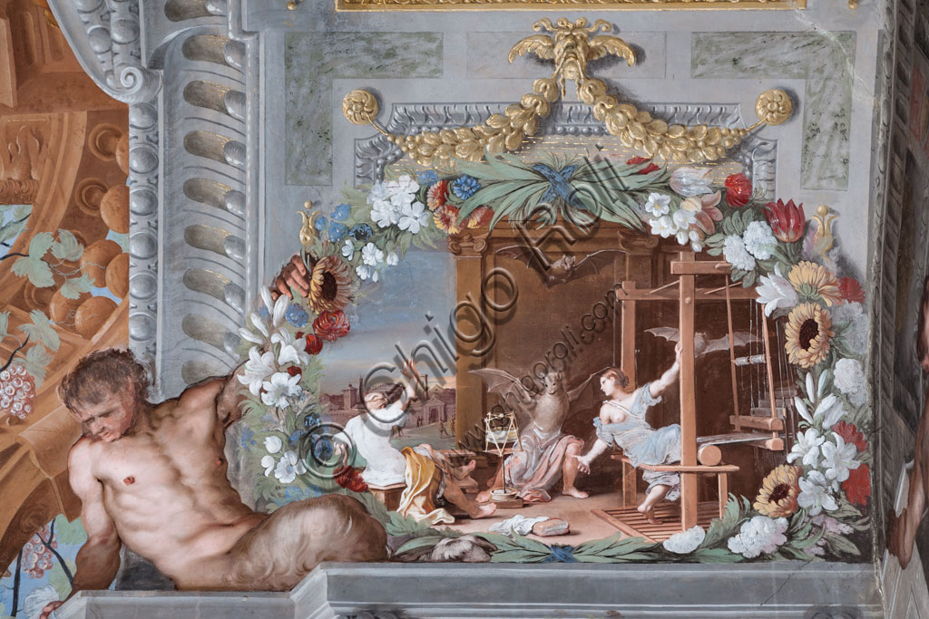 Sassuolo, Este Ducal Palace, the Bacchus Gallery, ceiling: “Meneos’ daughters, intent on the loom, are transformed into bats”. Wall tempera painting by Jean Boulanger, 1650 - 52.