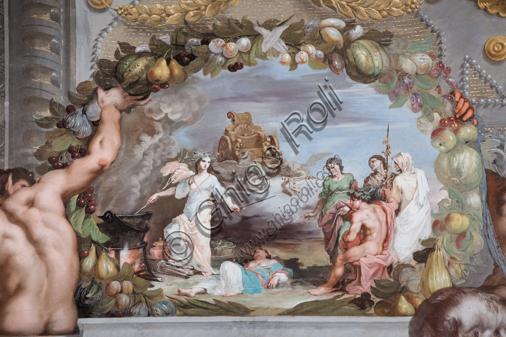 Sassuolo, Este Ducal Palace, the Bacchus Gallery, ceiling: “Medea, in front of a tripod, rejuvenates the nurses of Bacchus placed in front of the sorceress in the company of the god”. In the background the golden chariot of Medea. Wall tempera painting by Jean Boulanger, 1650 - 52.