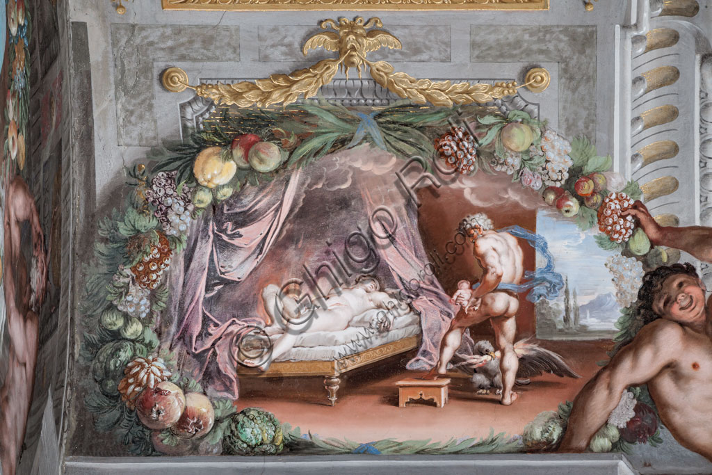 Sassuolo, Este Ducal Palace, the Bacchus Gallery, ceiling: "Birth of Bacchus" (Jupiter, next to the deceased Semele, sews the fetus of Bacchus into his thigh). Wall tempera painting by Jean Boulanger, 1650 - 52.