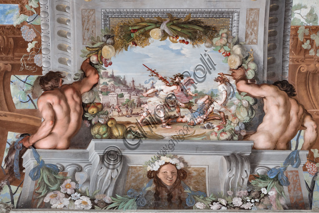 Sassuolo, Palazzo Ducale Estense, Galleria di Bacco, soffitto:  uno dei quarantuno riquadri con scene dipinte da Jean Boulanger che narrano le vicende di Bacco. Dipinto murale a tempera , 1650 - 52.