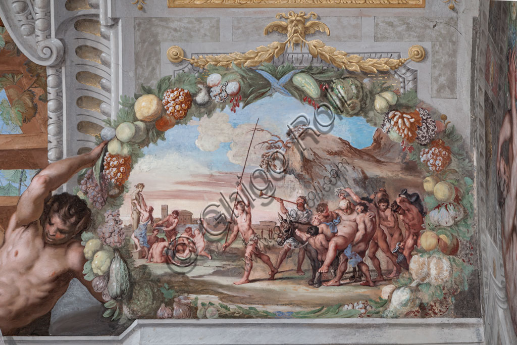 Sassuolo, Palazzo Ducale Estense, Galleria di Bacco, soffitto:  uno dei quarantuno riquadri con scene dipinte da Jean Boulanger che narrano le vicende di Bacco. Dipinto murale a tempera , 1650 - 52.