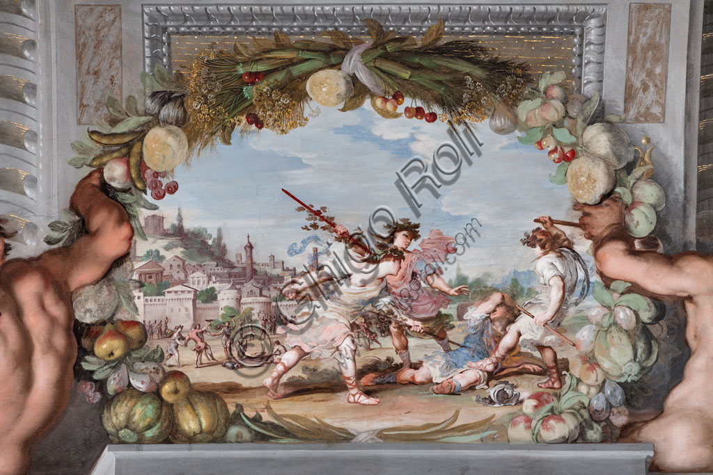 Sassuolo, Este Ducal Palace, the Bacchus Gallery, ceiling:  one of the forty-one panels with scenes painted by Jean Boulanger which narrate the events of Bacchus.. Wall tempera painting , 1650 - 52.