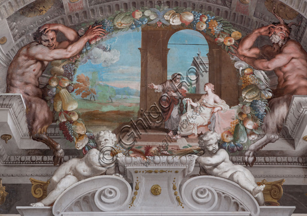Sassuolo, Palazzo Ducale Estense, Galleria di Bacco, soffitto:  uno dei quarantuno riquadri con scene dipinte da Jean Boulanger che narrano le vicende di Bacco. Dipinto murale a tempera , 1650 - 52.