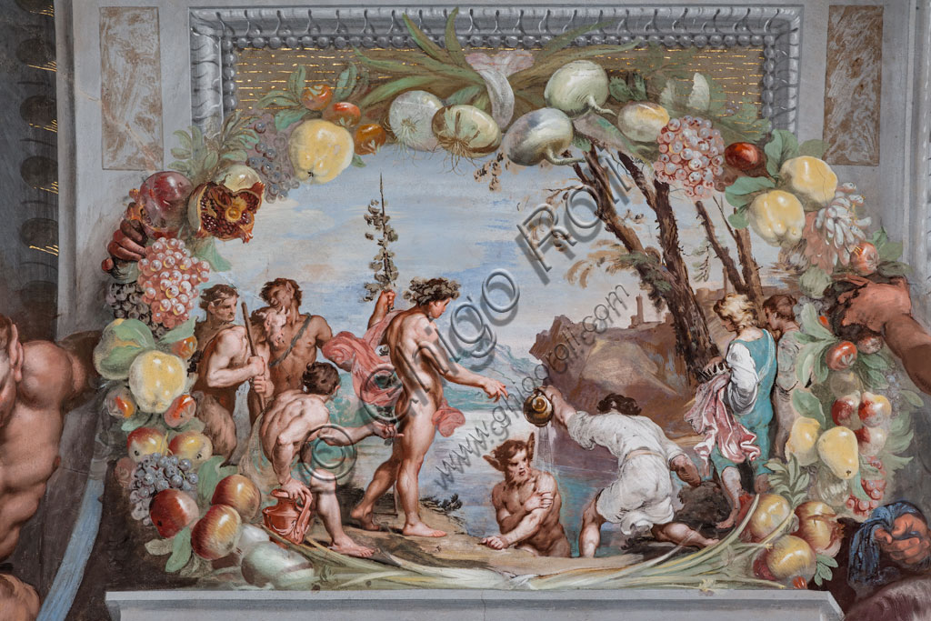 Sassuolo, Este Ducal Palace, the Bacchus Gallery, ceiling:  one of the forty-one panels with scenes painted by Jean Boulanger which narrate the events of Bacchus. Wall tempera painting , 1650 - 52.