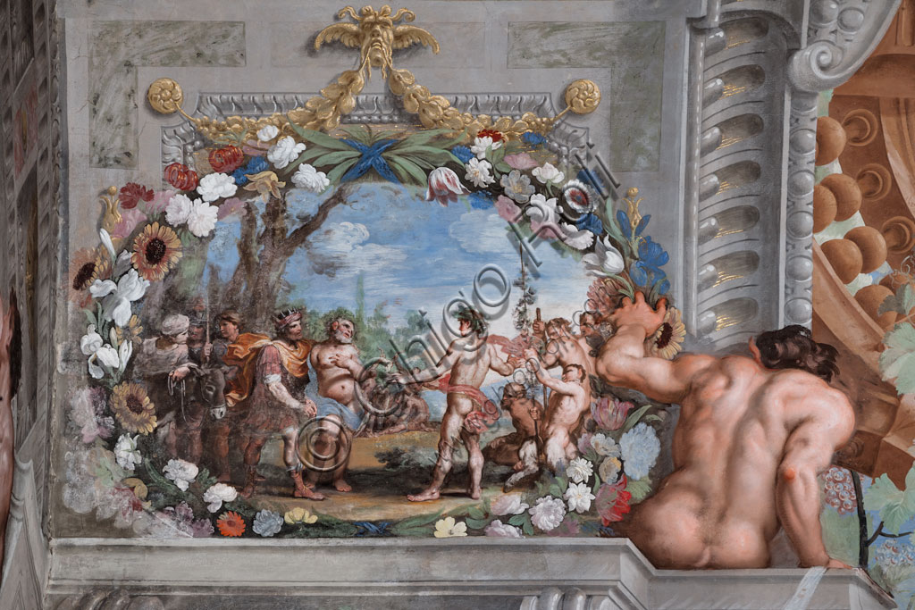 Sassuolo, Este Ducal Palace, the Bacchus Gallery, ceiling:  one of the forty-one panels with scenes painted by Jean Boulanger which narrate the events of Bacchus. Wall tempera painting , 1650 - 52.