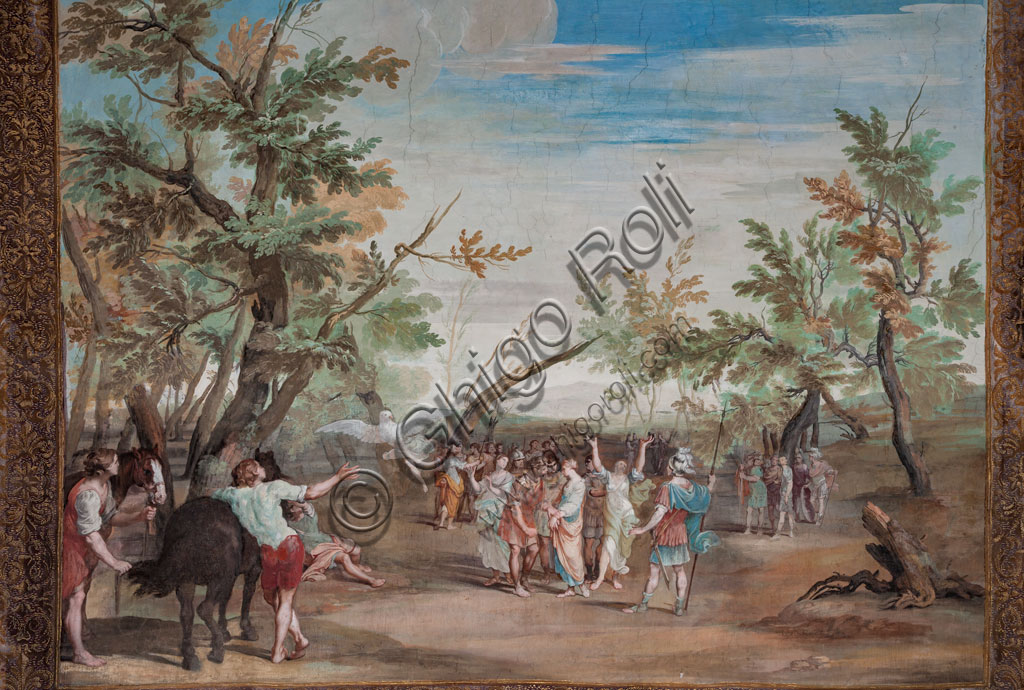 Sassuolo, Palazzo Ducale Estense, Galleria di Bacco:  uno dei quarantuno riquadri con scene dipinte da Jean Boulanger che narrano le vicende di Bacco. Dipinto murale a tempera, 1650 - 52.