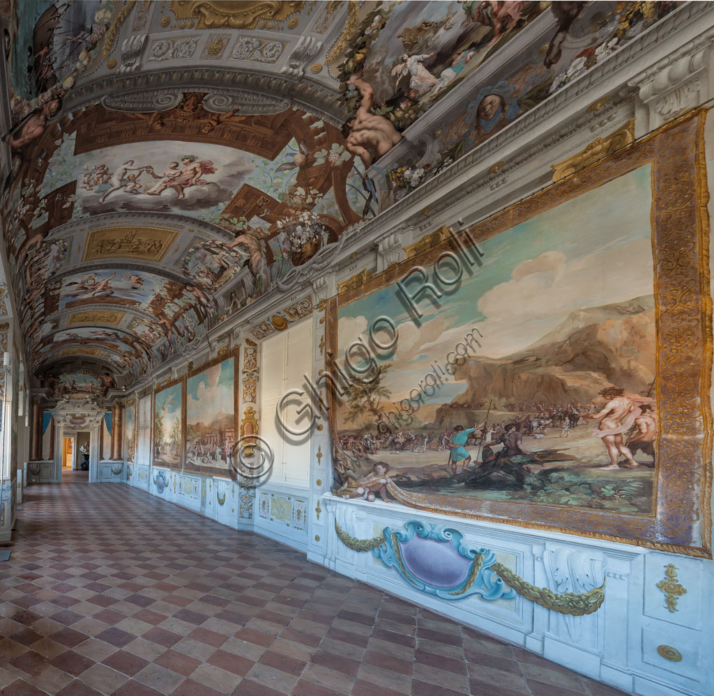 Sassuolo, Este Ducal Palace: view of the Bacchus Gallery. In the decoration by Baldassarre Bianchi and Gian Giacomo Monti, there are forty-one panels with scenes painted by Jean Boulanger which narrate the events of Bacchus. Tempera wall paintings, 1650 - 52.