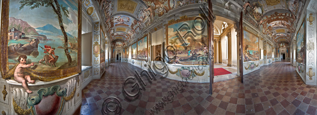 Sassuolo, Este Ducal Palace: orbicular (300°) view of the Bacchus Gallery. In the decoration by Baldassarre Bianchi and Gian Giacomo Monti, there are forty-one panels with scenes painted by Jean Boulanger which narrate the events of Bacchus. Tempera wall paintings, 1650 - 52.