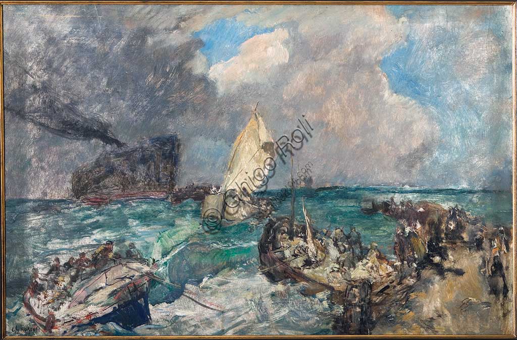 Collezione Assicoop - Unipol: GIUSEPPE GRAZIOSI (1879-1942): "Sbarco dell'esercito serbo", olio su compensato, cm. 117 x 79.