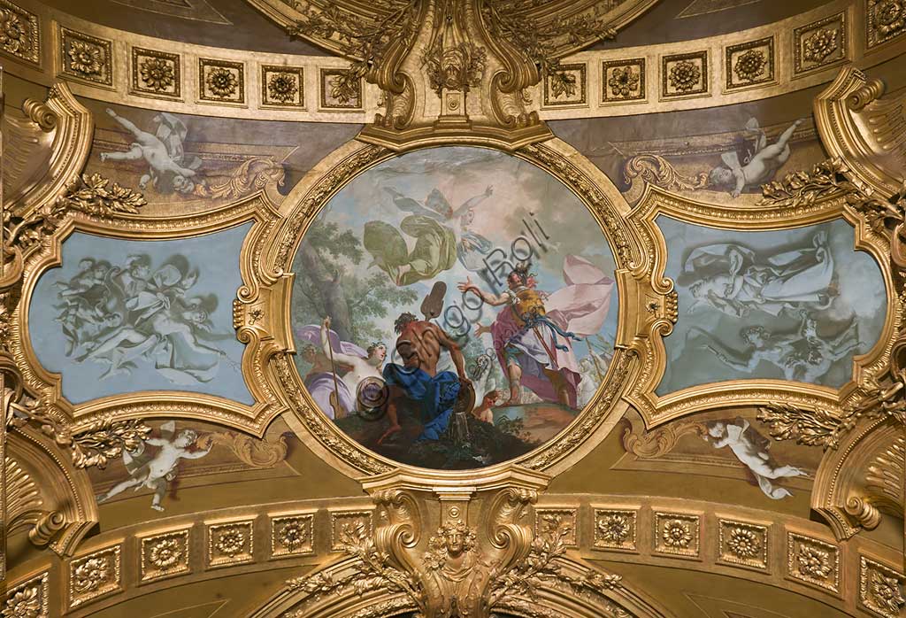 Turin, the Royal Palace,The Royal Armoury, the Beaumont Gallery, the vault, frescoes about the stories of the Aeneid: "Aeneas disembarking at the mouth of the Tiber river". Fresco by Claudio Francesco Beaumont, 1737 - 42.