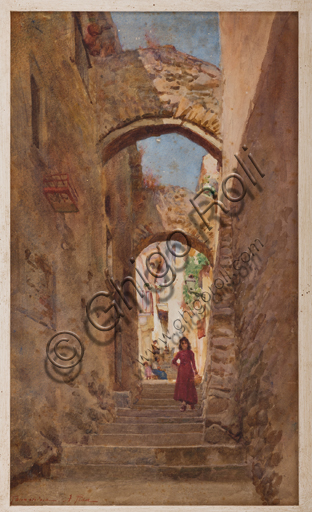 Assicoop - Unipol Collection: Alberto Pisa (Ferrara, 1864 - 1903), "Flight of Steps in Taormina", watercolour on cardboard.