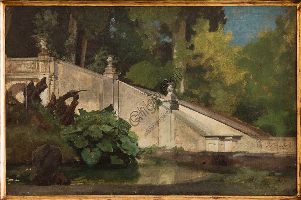 Assicoop - Unipol Collection: Giovanni Muzzioli (1854 - 1894); "Flight of Steps with Pond"; oil on canvas, cm. 39 x 23.