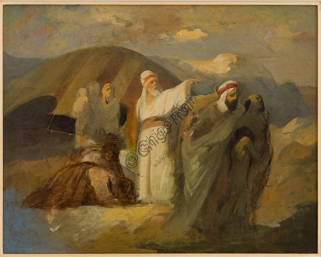 Assicoop - Unipol Collection:  Antonio Simonazzi (1824-1908); "Biblical Scene"; olio su tela, cm. 34,5 x 43.