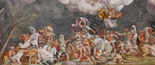 Mantova, Palazzo Ducale (residenza dei Gonzaga), Sala di Troia: particolare con scena di battaglia. Affreschi di Giulio Romano e aiuti, 1538 - 1539.