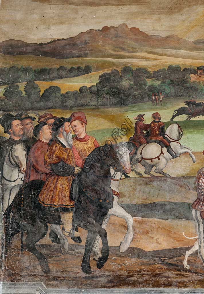 Cavernago, Malpaga Castle or Colleoni Castle, Hall of Honour: cycle of frescoes depicting the visit of Christian I of Denmark to Bartolomeo Colleoni, by Marcello Fogolino, (some historians attribute these frescoes to Romanino), 1474. Detail with hunting scene.