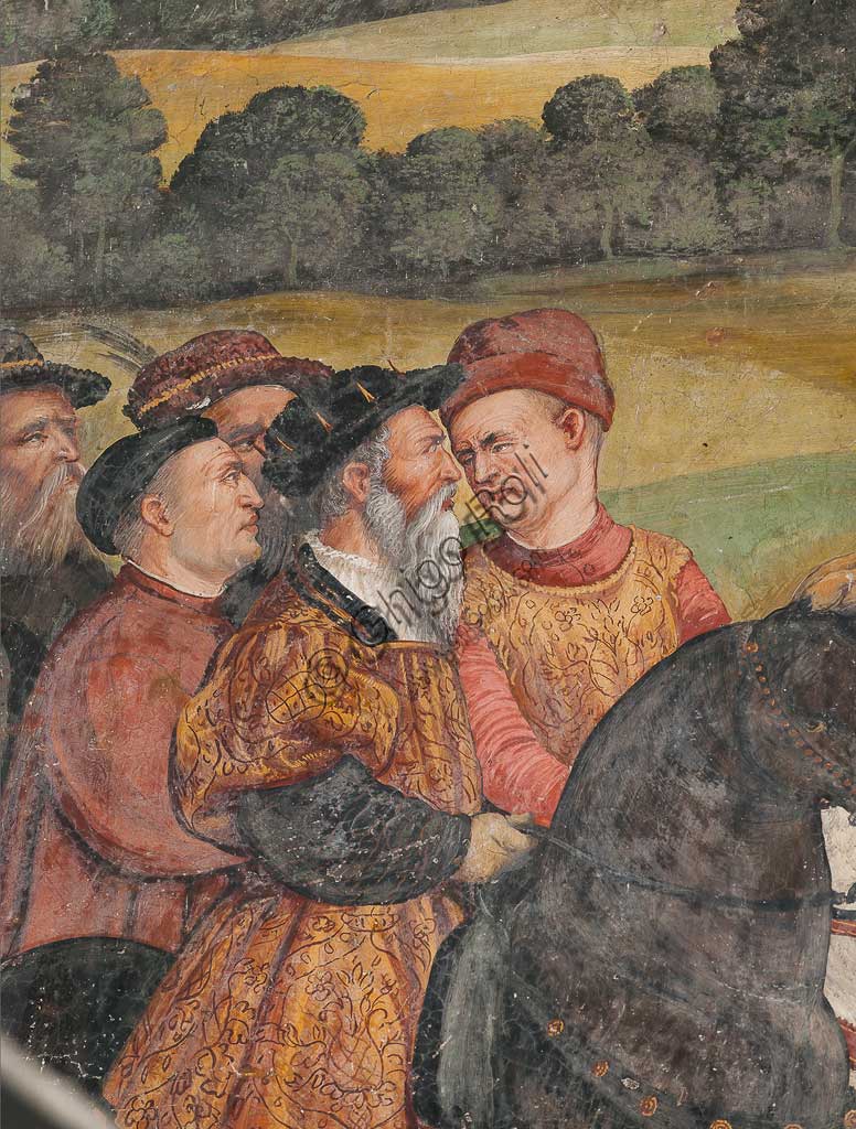 Cavernago, Malpaga Castle or Colleoni Castle, Hall of Honour: cycle of frescoes depicting the visit of Christian I of Denmark to Bartolomeo Colleoni, by Marcello Fogolino, (some historians attribute these frescoes to Romanino), 1474. Detail with hunting scene.