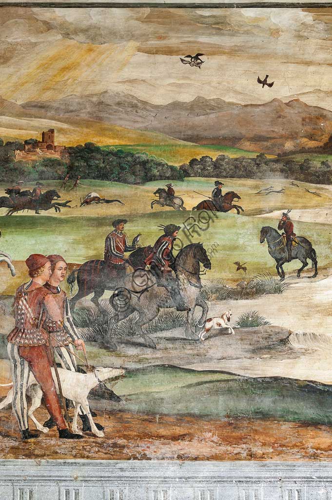 Cavernago, Malpaga Castle or Colleoni Castle, Hall of Honour: cycle of frescoes depicting the visit of Christian I of Denmark to Bartolomeo Colleoni, by Marcello Fogolino, (some historians attribute these frescoes to Romanino), 1474. Detail with hunting scene.