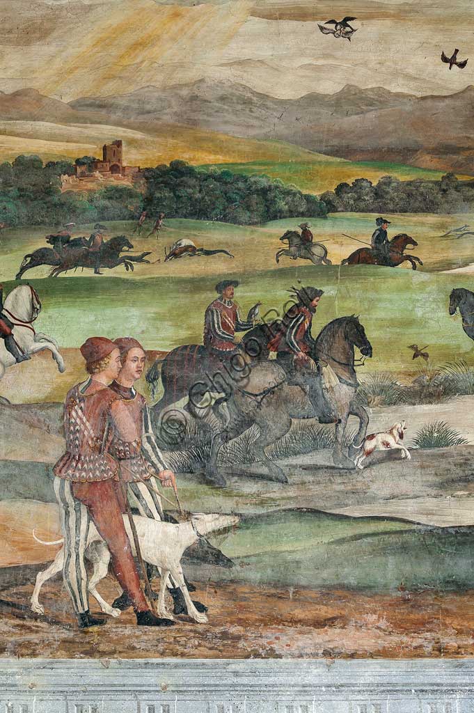 Cavernago, Malpaga Castle or Colleoni Castle, Hall of Honour: cycle of frescoes depicting the visit of Christian I of Denmark to Bartolomeo Colleoni, by Marcello Fogolino, (some historians attribute these frescoes to Romanino), 1474. Detail with hunting scene.