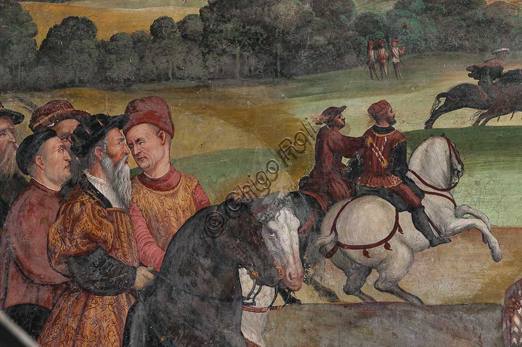 Cavernago, Castello di Malpaga o Castello Colleoni, Salone d'Onore: ciclo di affreschi raffigurante la visita di Cristiano I° di Danimarca a Bartolomeo Colleoni, di Marcello Fogolino, (da alcuni attribuiti al Romanino), 1474 . Particolare con scena di caccia.