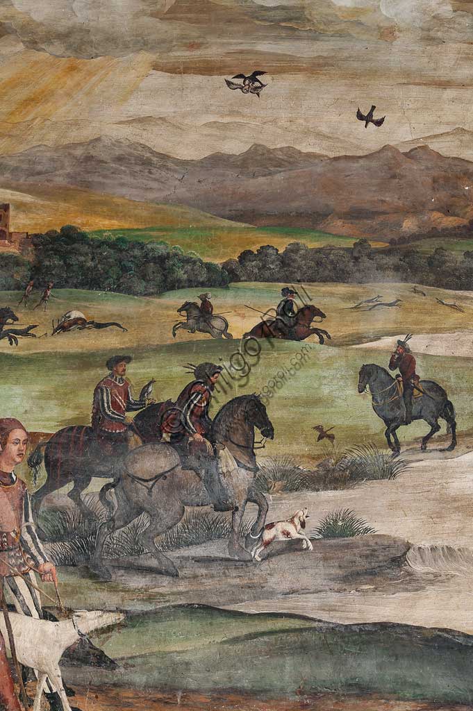 Cavernago, Castello di Malpaga o Castello Colleoni, Salone d'Onore: ciclo di affreschi raffigurante la visita di Cristiano I° di Danimarca a Bartolomeo Colleoni, di Marcello Fogolino, (da alcuni attribuiti al Romanino), 1474 . Particolare con scena di caccia.