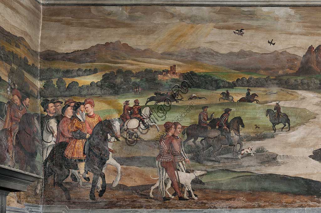 Cavernago, Malpaga Castle or Colleoni Castle, Hall of Honour: cycle of frescoes depicting the visit of Christian I of Denmark to Bartolomeo Colleoni, by Marcello Fogolino, (some historians attribute these frescoes to Romanino), 1474. Detail with hunting scene.