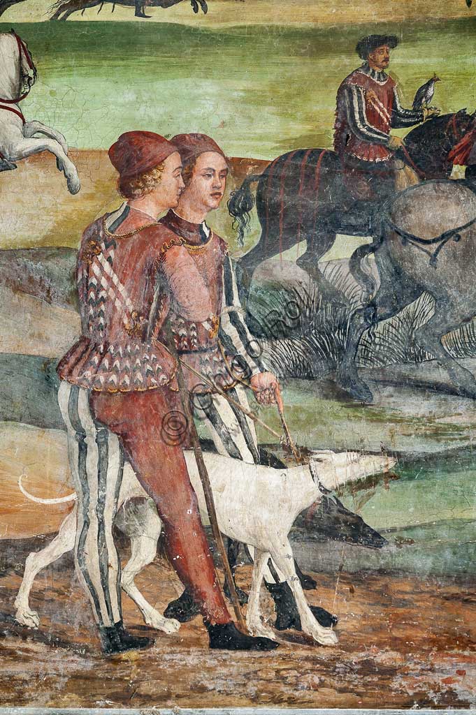 Cavernago, Malpaga Castle or Colleoni Castle, Hall of Honour: cycle of frescoes depicting the visit of Christian I of Denmark to Bartolomeo Colleoni, by Marcello Fogolino, (some historians attribute these frescoes to Romanino), 1474. Detail with hunting scene.