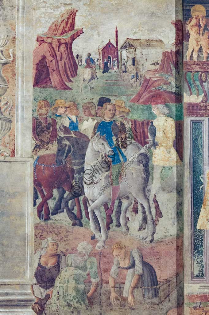 Ferrara, Palazzo Schifanoia, Salone dei Mesi, Fascia inferiore degli affreschi: Scene di vita della corte di Borso D'Este,  su progetto di Cosmé Tura e realizzato da pittori di scuola ferrarese, circa 1468 - 1470.  Particolare con scena di caccia col falcone e lavandaie.